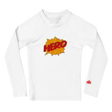 Load image into Gallery viewer, HERO - Kids Rash Guard - White - (Male Super Hero on back)