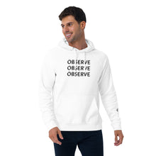 Load image into Gallery viewer, Observe - Unisex eco raglan hoodie - White, also comes in short sleeve tee
