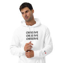 Load image into Gallery viewer, Observe - Unisex eco raglan hoodie - White, also comes in short sleeve tee