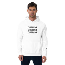 Load image into Gallery viewer, Observe - Unisex eco raglan hoodie - White, also comes in short sleeve tee