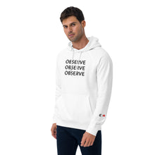 Load image into Gallery viewer, Observe - Unisex eco raglan hoodie - White, also comes in short sleeve tee