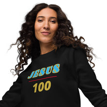 Load image into Gallery viewer, JESUS 100 Unisex organic raglan sweatshirt - Black - Blue &amp; Gold text
