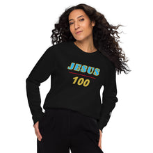 Load image into Gallery viewer, JESUS 100 Unisex organic raglan sweatshirt - Black - Blue &amp; Gold text
